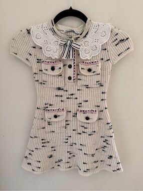 Self-Portrait Kids Girl's Ivory Contrast Yarn Knit Dress Lace Collar 5-6